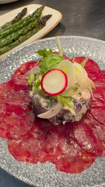 Beetroot salmon gravadlax - Violet new potato and chive salad, pickled fennel, rainbow radish and spring onion. Currently available to order from our Spring menu